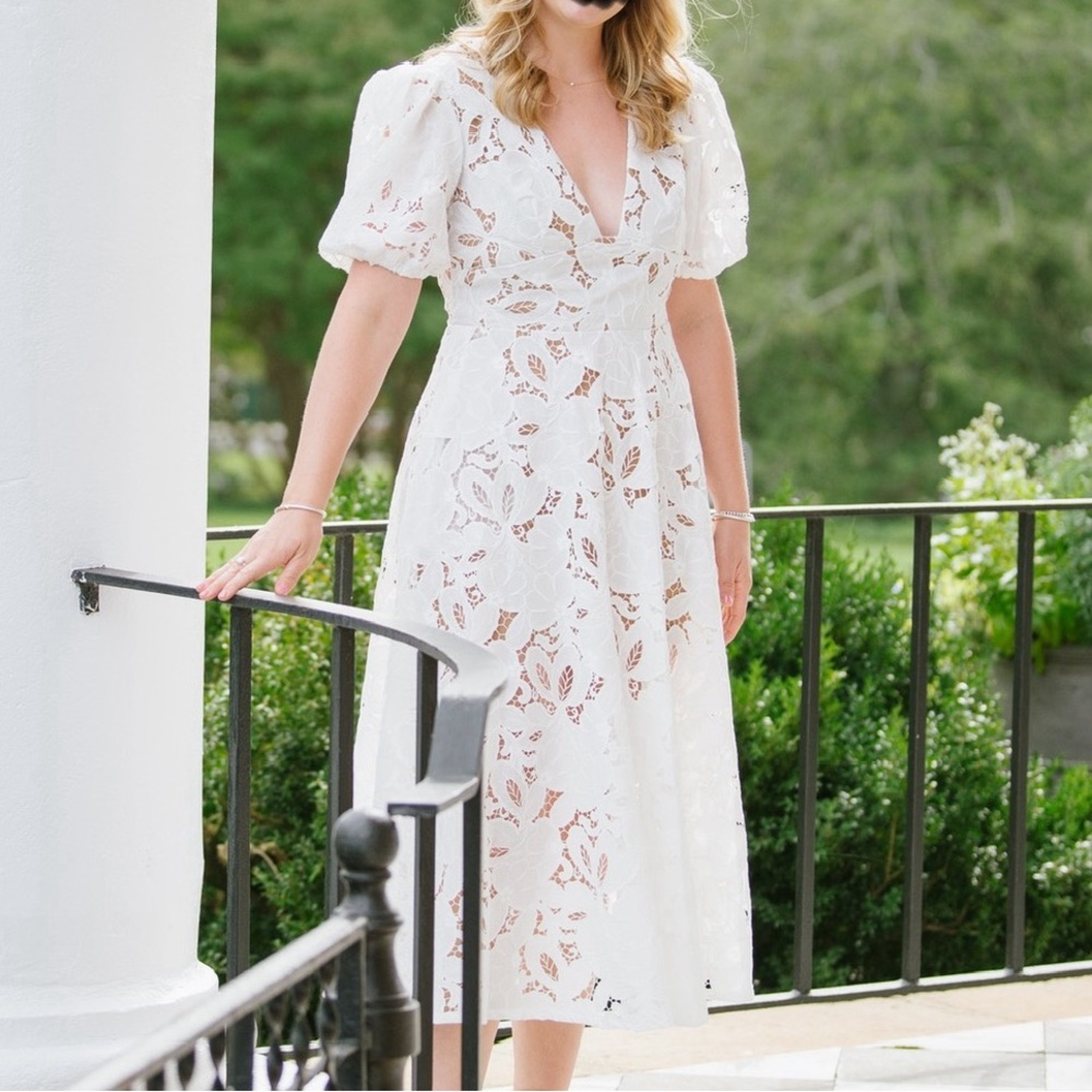 JENNY YOO WHITE LACE MIDI DRESS SIZE 10